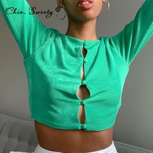 Solid Womens Long Sleeve Cropped Shirts 2021 Autumn O-neck Single Breasted Slim Crop Tops Female Sexy Fashion Party Shirt