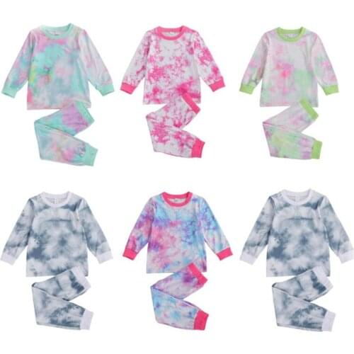 2-7Y Autumn Kids Baby Girls Boys Pajama Sets Tie-Dye Printed Long Sleeve Pullover Tops T Shirt+Pants Homewear 2PCS Clothes