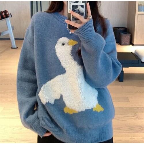 Korean Style Casual Round Neck Pullover Oversize 2XL Japanese Women Sweet Lovely Winter Cartoon Goose Printed Knitted Sweater