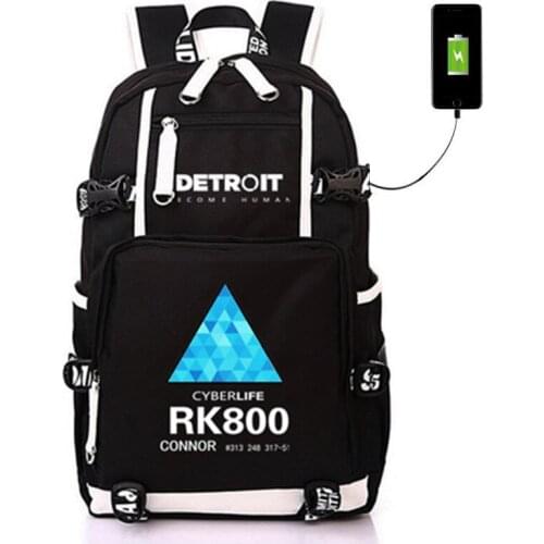 Detroit Become Human USB Boy Girl Kids Book Bags Large Capacity Teenagers Schoolbags Women Men Laptop Travel Backpack