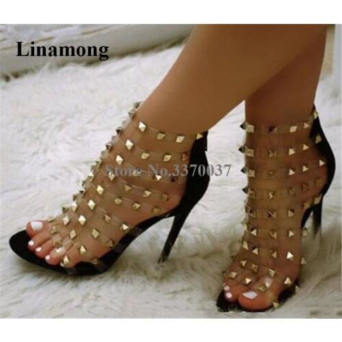 Women Fashion Open Toe PVC Straps Stiletto Heel Gold Rivet Gladiator Sandals Cut-out Back Zipper-up High Heel Sandals Dress Heel