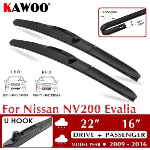 KAWOO For Nissan NV200 Evalia 2009 2010 2011 2012 2013 2014 2015 2016 Car Soft Rubber Windcreen Wipers Blades Fit U Hook Arm