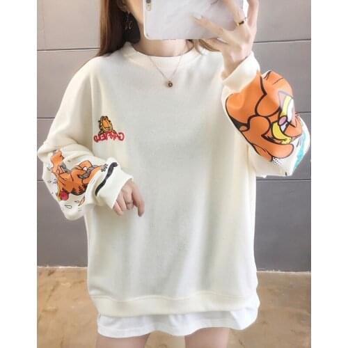 XUXI Spring Autumn 2021 Sweater Women Long Sleeve Fashion Cartoon Printing Thin Fake-Two Coat Korean Loose Cotton E2414