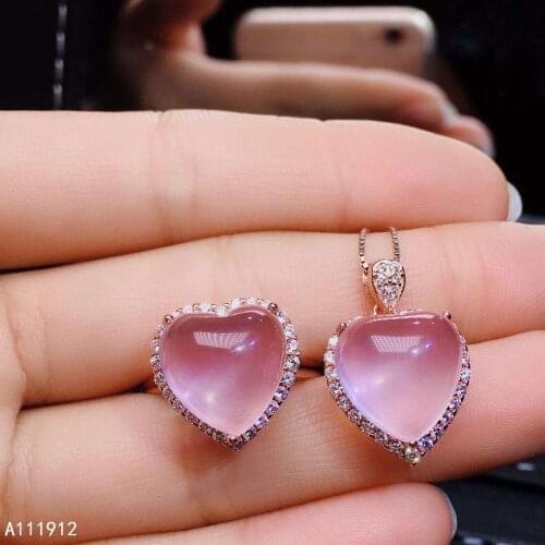 KJJEAXCMY fine jewelry natural Rose Quartz 925 sterling silver women pendant necklace chain ring set support test lovely
