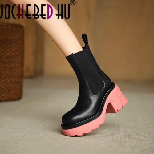 【JOCHEBED HU】Women Platform Chelsea Boots Mid-Calf Waterproof Shoes Ladies Genuine Leather Elastic Band Winter Boots size 33-40