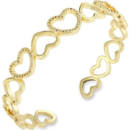 Womens Gold Bangles Bracelets Heart Love Copper Zirconia 18K Gold Plated Adjustable Open Bangles Heart Hollow Bangle