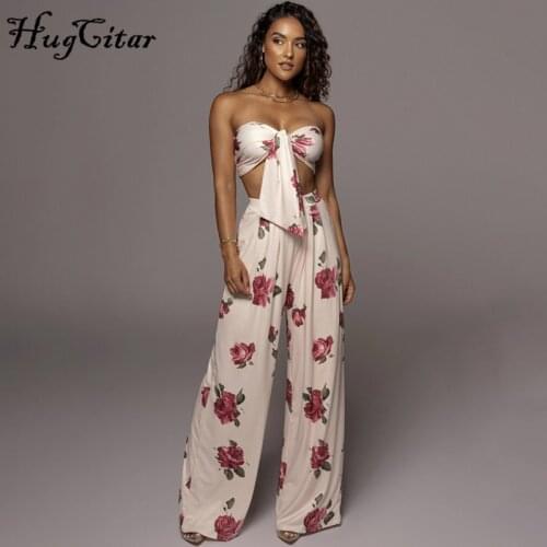 Lygens 2021 Satin Floral Ruched Breast Wrap Flares Top Pants Set Summer Women Fashion Sexy Party Club Robe Kpytomoa