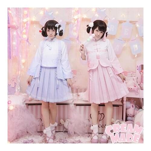 Kawaii Girls Chinese Chipao Style cheongsam 2PCS Womens Lolita Set: Long Sleeve Tassel Shirt + Pleated Skirt Pink & Blue