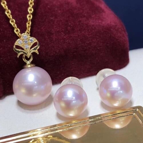 Fine Jewelry 18K Yellow Gold Natural Fresh Water Pink Pearl 7-10mm Females Jewelry Sets for Women FIne Jewelry Sets