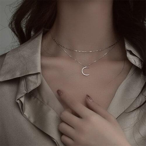 925 Sterling Silver Double Layer Moon Charm Pendant Choker Necklace For Women Fine Jewelry dz846