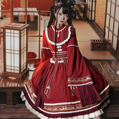 European Vintage stand collar high waist long Lolita dress female temperament was thin high waist ruffles Embroidery dress F2655