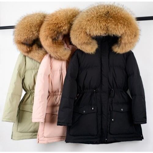 2021 New Winter Women 90% White Down Thick Parkas Warm Sash Tie Up Snow Coat Waistband Detachable Real Fur Collar Puffer Jacket