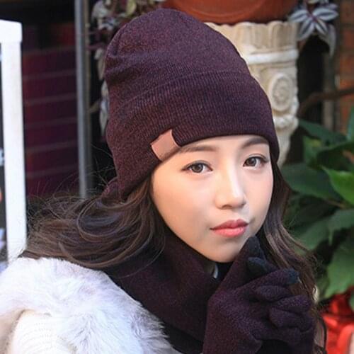 3PCS/SET Solid Color Elastic Knitted Cap Unisex Winter Warm Beanies Hats Scarf Gloves Sets Women Winter Hat and Scarf Set
