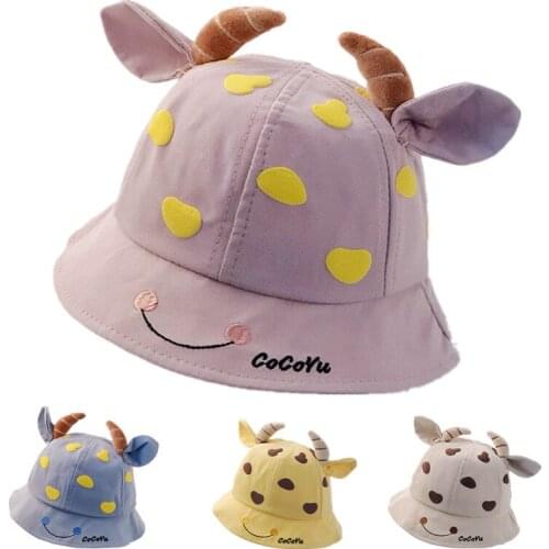 4 Colors Children Ox Horn Basin Hat Baby Wide Brim Sunshade Fisherman Hat Cotton Cartoon