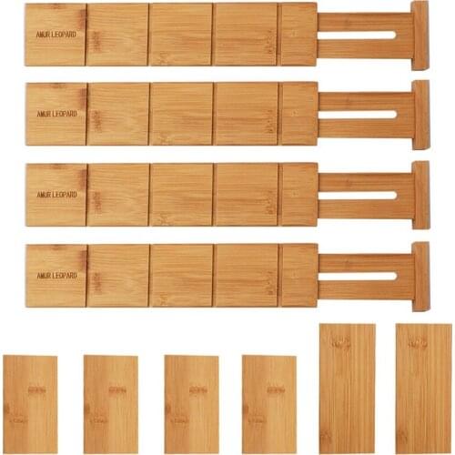 4Pcs Bamboo Drawer Dividers Organizer with 6 Extra Mini Dividers Spring Loaded for Kitchen, Bedroom, Bathroom and Office