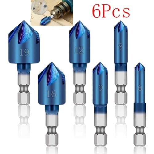 6Pcs Countersink Drill Bit Set 1/4'' Hex Shank HSS 5 Flute Countersink 90 Degree Wood Chamfering Cutter Chamfer 6mm-19mm