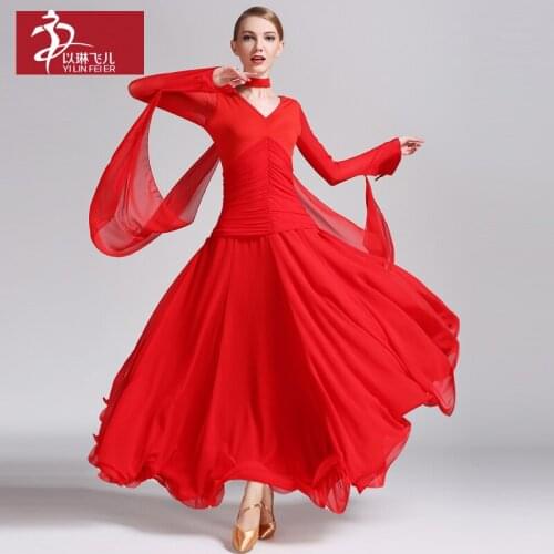 Ballroom Professional Dress with Long Chiffon Sleeves for Woman Waltz & Tango Dancer Stage Performance Costumes 3 Colors A0031