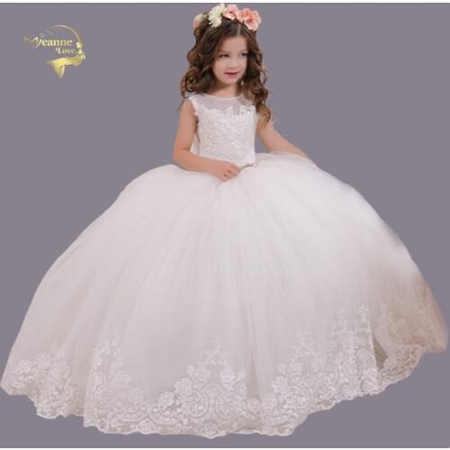 White/Ivory Princess Long Girls Pageant Dresses O Neck Kids Prom Tulle Lace Puffy Ball Gown First Communion Dress 2-12 Years Age