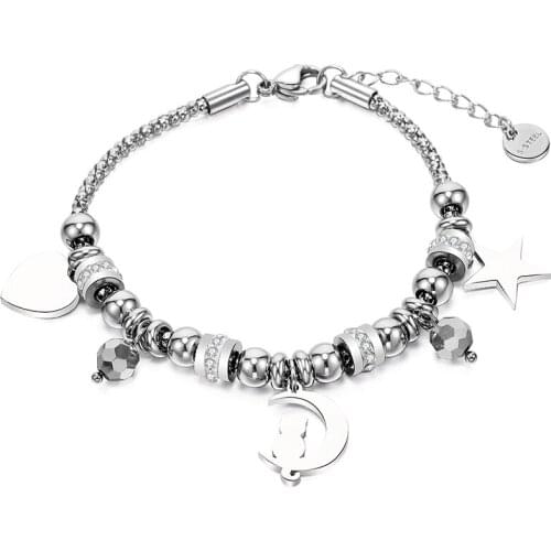 Stainless Steel Moon Cat Crystal Charms Bracelet For Women Color Star Heart Beaded Bracelet Valentines Gift Girl Jewelry 2019