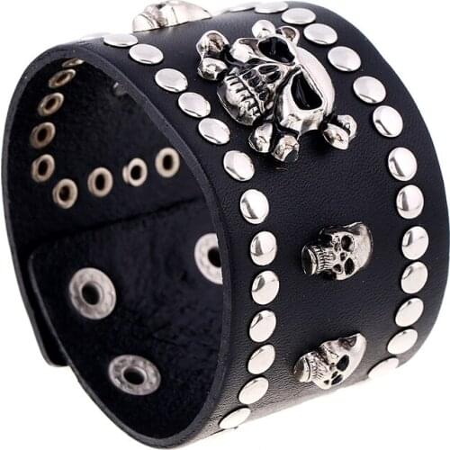 Personality Punk Vintage Skull Pirate Rivet Cow Leather Genuine Leather Charm Wrap Adjustable Bracelets For Men Women