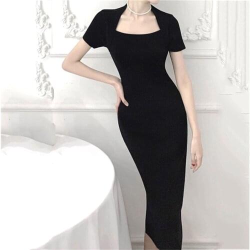 French Style Elegant Dress Women Short Sleeve Slim Black Bodycon Sheath Knitted Dress Sexy Evening Party Dresses Vestidos