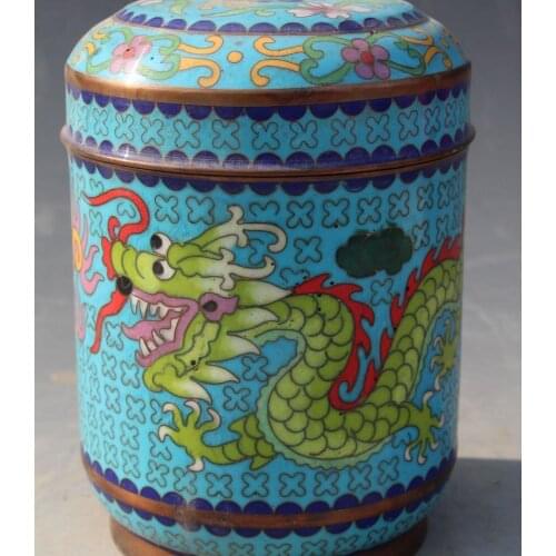 Chinese Cloisonne Enamel Painting Deagon Phoenix Animal Tea Box Caddy Boxes Pot