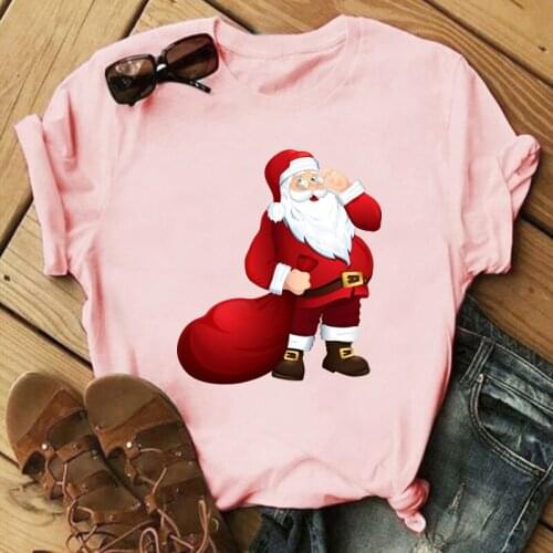 37 Cartoon Santa Claus Creative Printing Casual Round Neck Short-sleeved T-shirts Women Loose Tops Ladies Oversized T-shirts 3XL