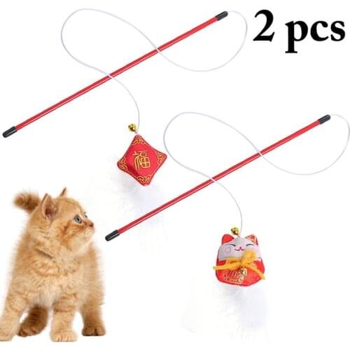 Kapmore 2Pcs Faux Feather Cat Wand Toy Pet Accessories Plastic Cat Teaser Wand Kitten Interactive Toy Pet Supplies Cat Favors