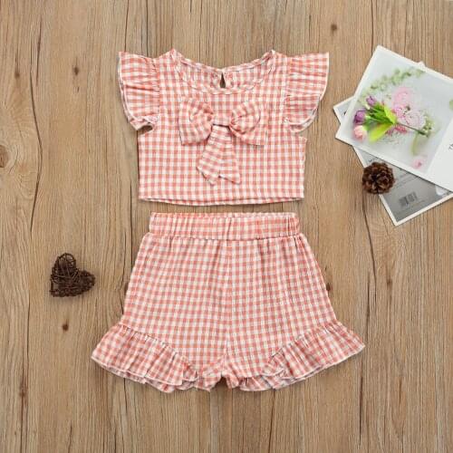2Pcs Kids Girls Suit Set Plaid Fly Sleeve Tops with Bowknot+ Short Pants for Summer Ruffles Casual Lovely Outfits Clothes Set