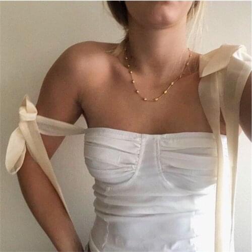 Tank Top Women Straps Vest Tops Bow Tie Up Shoulder Sleeveless Shirt Push-up Tube Cropped Female Clothes Bodycon Slim Club Cami