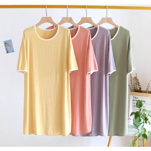 Modal Short-sleeved Nightdresses Thin Large Size Japanese Simple Solid Color Women Sleepwear Pijama Robe De Nuit Femme Longue