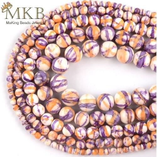 Wholesale Natural Purple Orange Stripes Rain Stone Round Beads For Jewelry Making 4mm-10mm DIY Bracelet Necklace Jewellery 15"