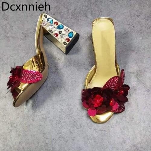 Crystal Metal Heel Sequined Flower High Heel Slippers Summer Blingbling Golden Thick Heel Nightclub Party Sandals Slippers 2021