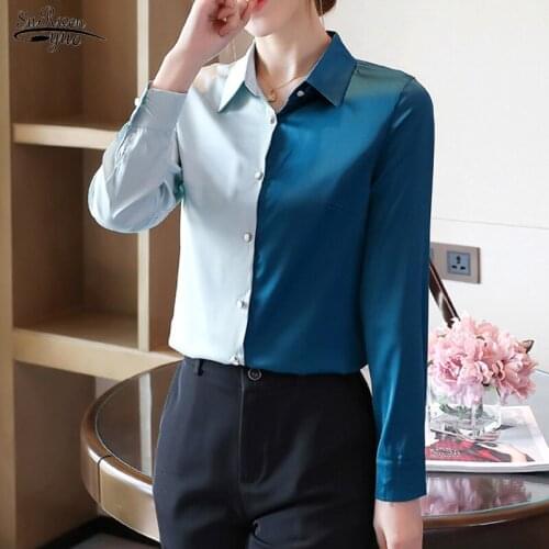 Autumn Lapel Contrast Satin Imitation Silk Chiffon Blouse Long-sleeved Solid Bottoming Shirt Elegant Loose Women Clothing 16627