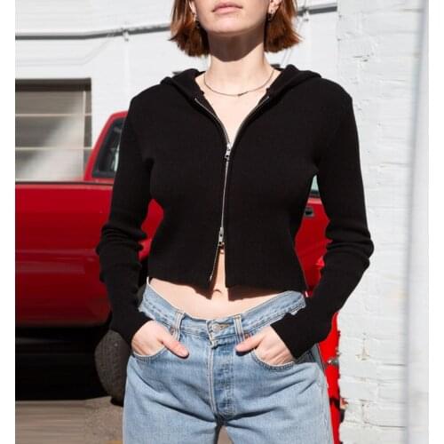 JIEZuoFang Slim Hooded Black Jacket Women Autumn Long Sleeve Knitted Sweater Coats 2019 Casual Zipper Female Short Outwear Tops