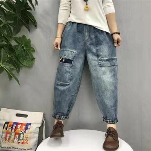 2021 Spring New Arts Style Women Elastic Waist Vintage Patch Design Loose Jeans all-matched Casual Cotton Denim Harem Pants V347