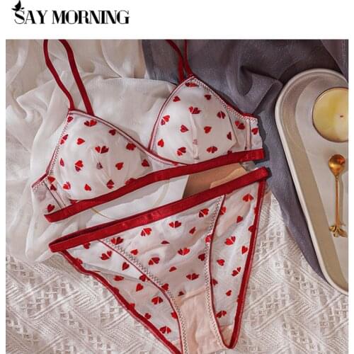 SAY MORNING Women Bralette Set Sexy Embroidery Hearts Bralette Padded No Steel Women Bra High Cut Panties for Female Underwear