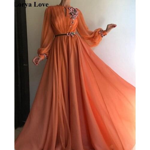 Orange Long Sleeves Prom Dresses 2020 Women Formal Party Night Vestidos Chiffon Appliques Elegant Robe A-Line Long Evening Gowns