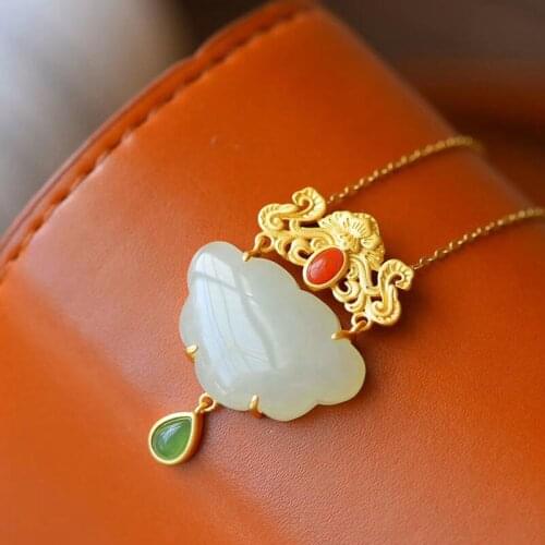New Silver Inlaid Natural South Red Agate Hetian Jade Butterfly Ruyi Lock Chinese Retro Womens Pendant Necklace