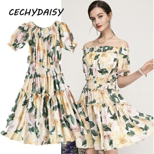 Runway Dress 2021 Floral Printed Slash Neck Sexy Off Shoulder Elastic Waist Vacation Clothes Boho Beach Summer Dresses Vestidos