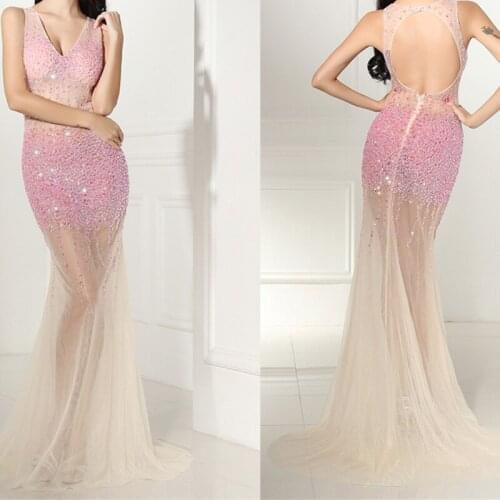 New arrival illusion long pink beaded fitted V neck tulle mermaid prom evening dresses gowns 2019 with sweep train