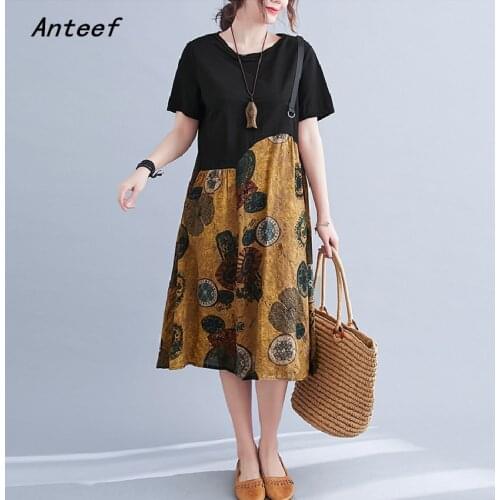 Short sleeve cotton linen vintage floral dresses for women casual loose midi woman summer dress elegant clothes 2021