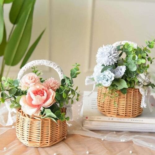 1PC Woven Flower Basket Rattan Storage Basket Flower Girl Hand Basket Handmade Flower Basket with Bow