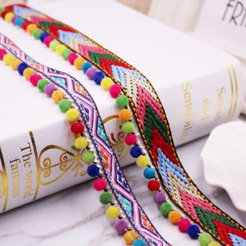 10mm 1PC Colored Ethnic Braided Polyester Lace With Pom Pom Ball Decorations DIY Trim Fabric Hometextile Clothes Embellishment
