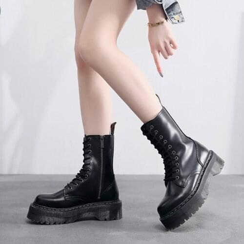 Genuine Leather Platform Martin Boots Black Ankle Boots High Quality Fashion Autumn Winter Shoes Brand Designer Women Boot 35-43