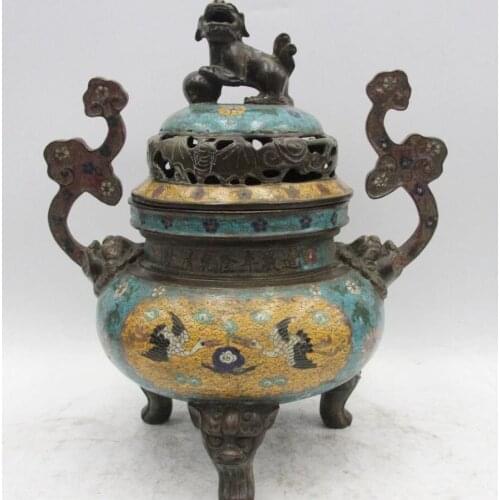 China Pure Bronze Cloisonne Foo Dog Lion red-crowned crane Incense burner Censer