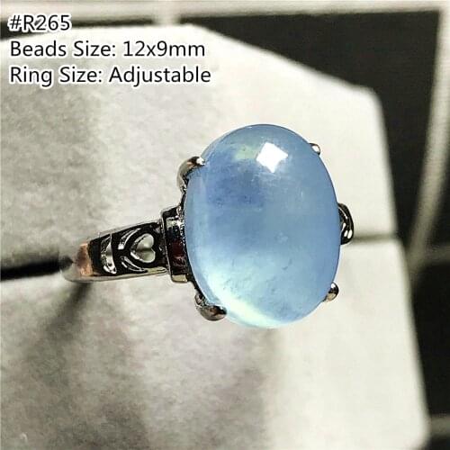 Real Natural Blue Aquamarine Ring For Clear Crystal Woman Man Silver 15x11mm Beads Ocean Gemstone Adjustable Ring Jewelry AAAAA