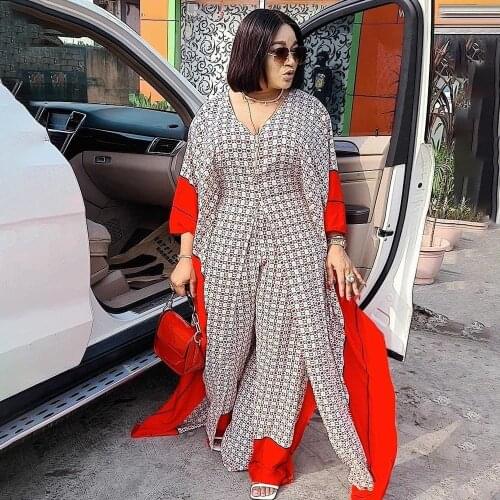 MD 2 Piece Set Women Africa Clothes 2021 African Dashiki Print Dress And Pants Suit Plus Size Ankara Boubou Ladies Clothing