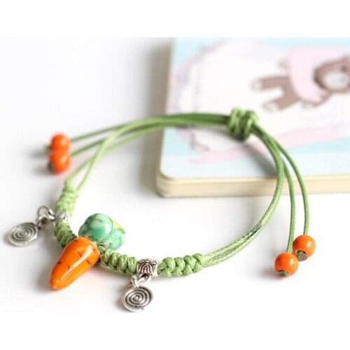 Small Carrots Pattern Ceramic Bracelet Handmade Lovely Fashion Jewelry Green Rope Cartoon Style Women Cute Popular Adorn Article