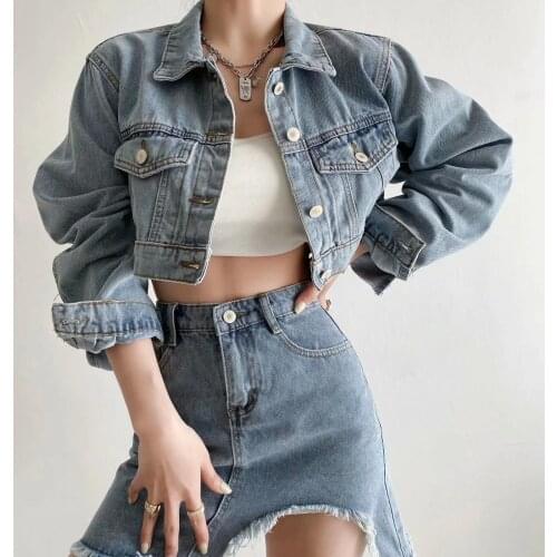 Trendy Womens Small Lapel Short Denim Jacket Pocket Loose Jacket Euro American Short Jacket DLWT150